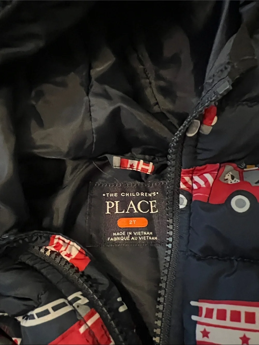 The Children's Place Navy and Red Fire Truck Puffer Jacket